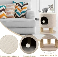 Maison de Chat 3 en 1 avec Griffoirs Balle en Peluche Arbre à Chat Transformable en Tabouret/Pouf