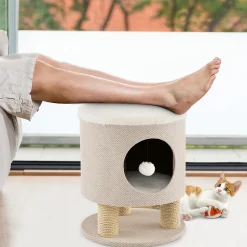Maison de Chat 3 en 1 avec Griffoirs Balle en Peluche Arbre à Chat Transformable en Tabouret/Pouf