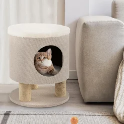 Maison de Chat 3 en 1 avec Griffoirs Balle en Peluche Arbre à Chat Transformable en Tabouret/Pouf