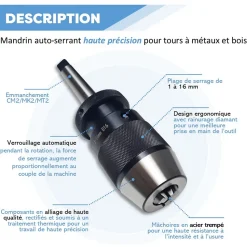 Mandrin auto-serrant D. 1,5 à 16 mm emmanchement CM2 pour tour à bois/métal - Diamwood