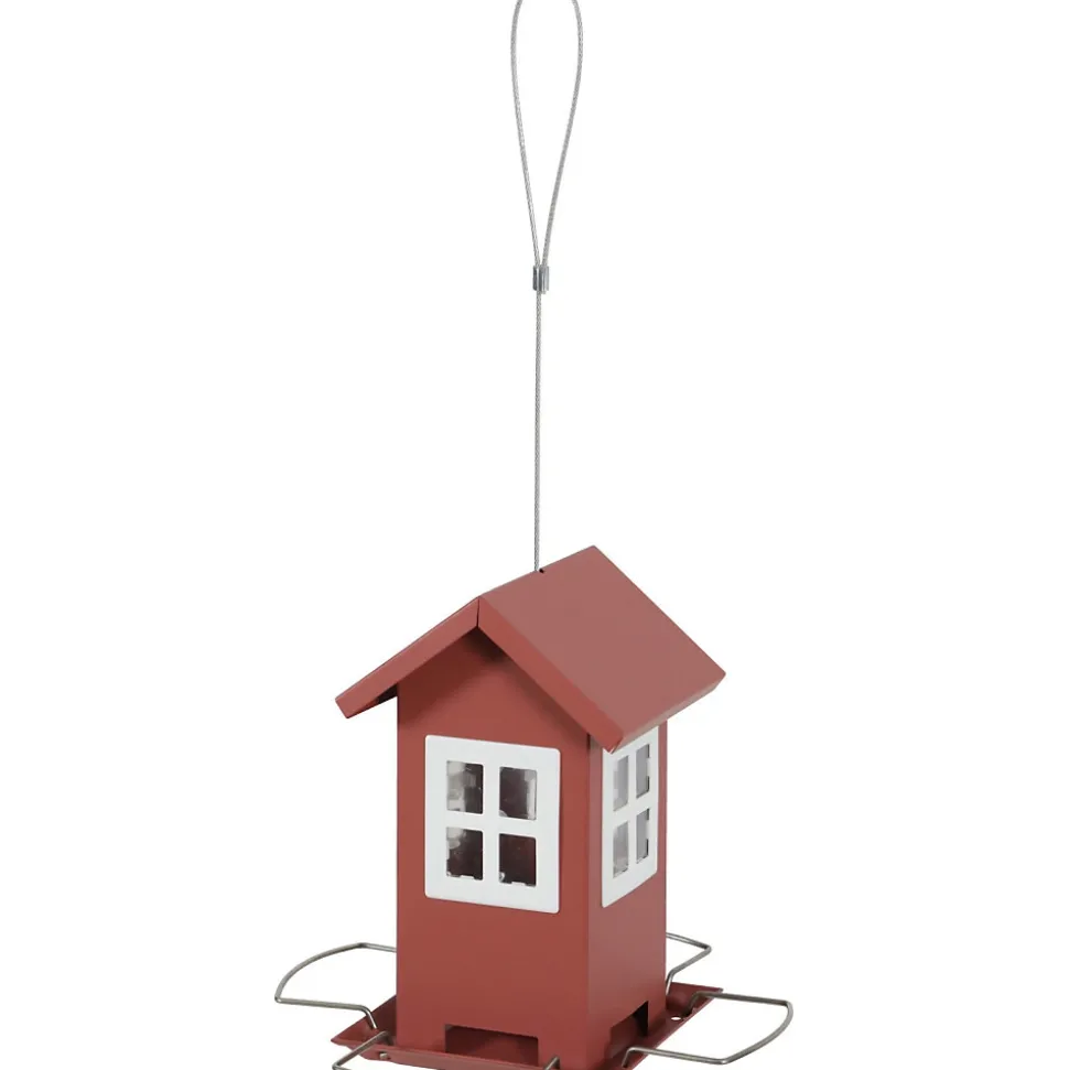 Mangeoire maisonnette rouge 4 fenêtres pour graines oiseaux