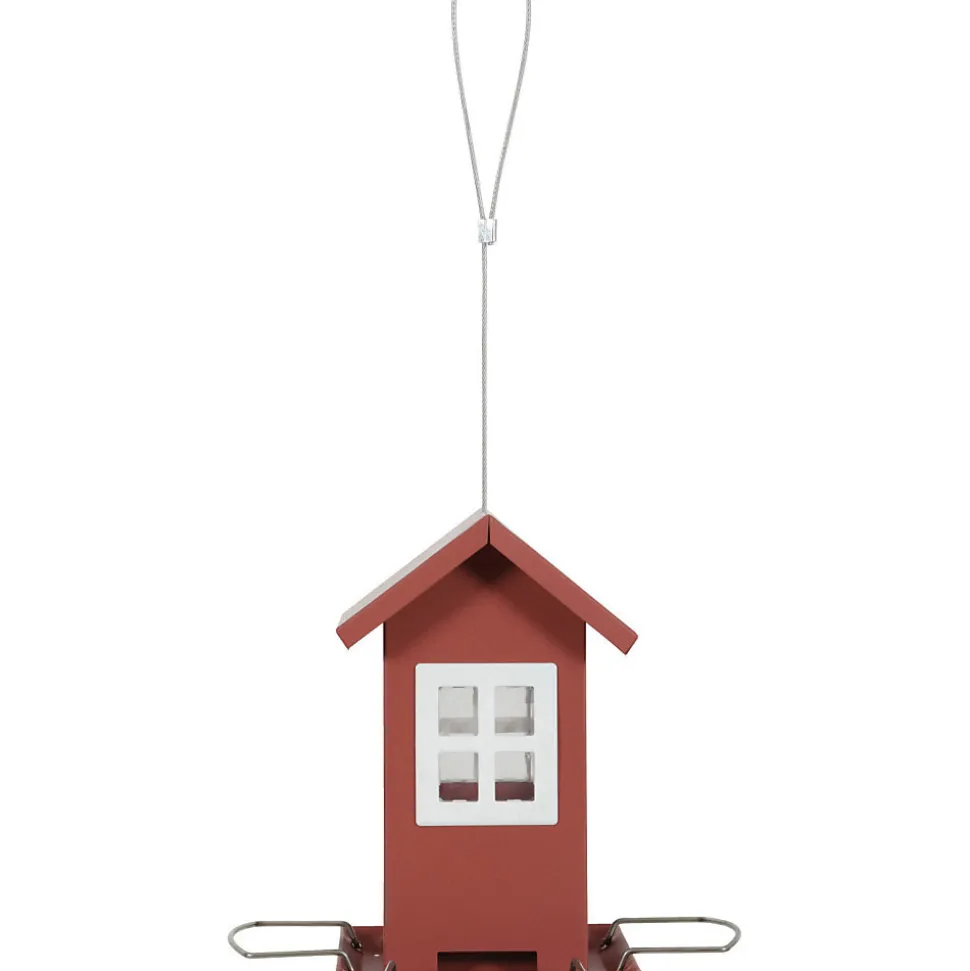 Mangeoire maisonnette rouge 4 fenêtres pour graines oiseaux