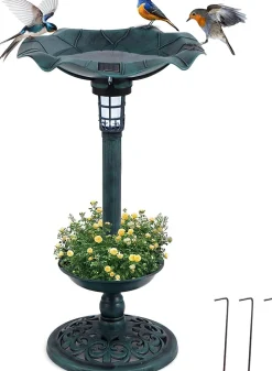 Mangeoire Oiseaux Exterieur avec Lumière Solaire, angeoire avec Bol en Feuille, Jardinière avec Trou de Drainage, pour Terrasse
