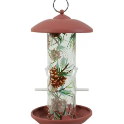 Mangeoire silo en plastique avec 2 perchoirs décorée rouge pour oiseaux