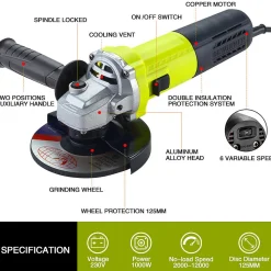 Meuleuse D'angle 125mm 1000W 2000-12000 trs/min Avec 20 Accessoires, Meuleuses D'angle Avec Sac à Main en Toile, Disqueuse 125 mm