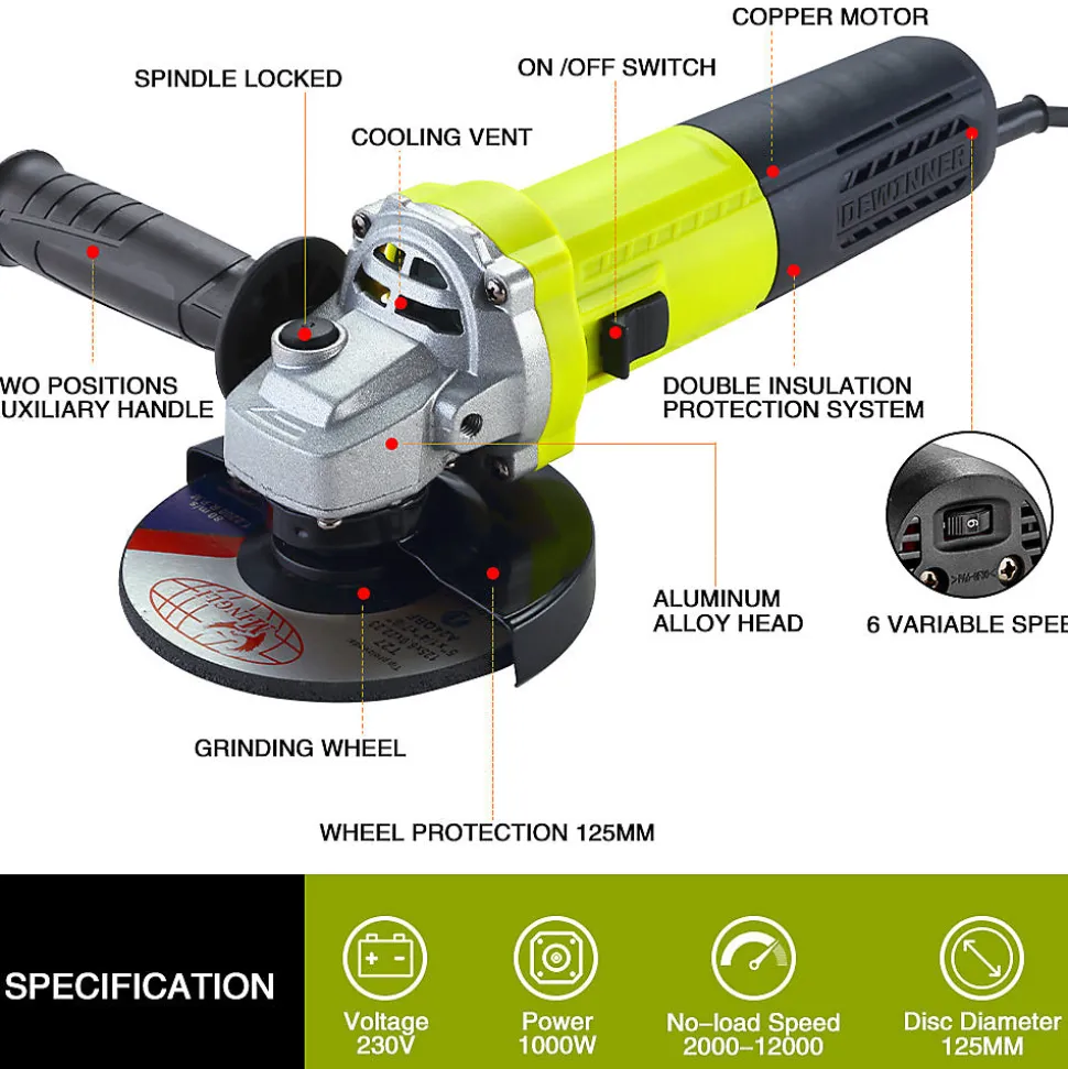 Meuleuse D'angle 125mm 1000W 2000-12000 trs/min Avec 20 Accessoires, Meuleuses D'angle Avec Sac à Main en Toile, Disqueuse 125 mm