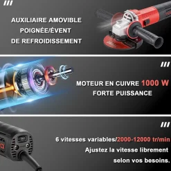 Meuleuse D'angle 1000W 2000-12000 trs/min Avec 20Accessoires, Disque 125 mm, Disque à Lamelles Pour Couper, Meuler