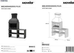 MOVELAR - Barbecue en Béton pour Bois/Charbon BENHADDOU PLUS avec Étagère et Grille (Gris Foncé - 178x70x262 cm)M01032 - Extérieur