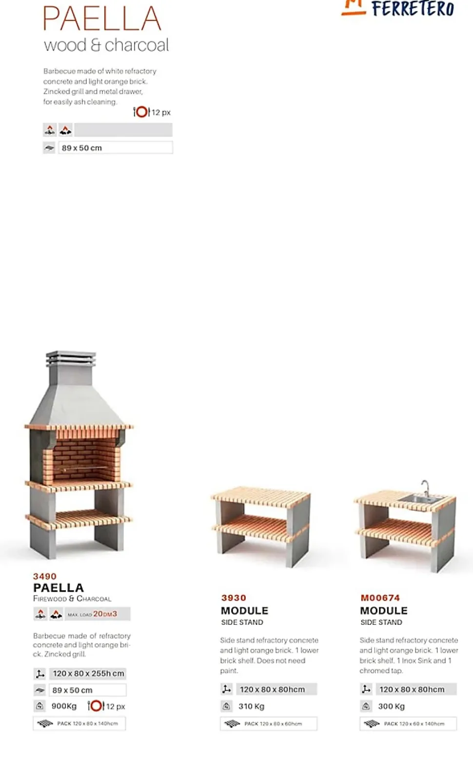 MOVELAR - Barbecue préfabriqué pour bois de chauffage et charbon de bois Paella (Gris, Orange - 120x80x255 cm) REF : 3490
