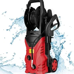Nettoyeur Haute Pression 1400W 140 Bar avec Buse Lotus Buse Haute Pressio, Brosse et Pot de Lessiv, Enrouleur Flexible rouge