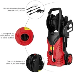 Nettoyeur Haute Pression 1400W 140 Bar avec Buse Lotus Buse Haute Pressio, Brosse et Pot de Lessiv, Enrouleur Flexible rouge