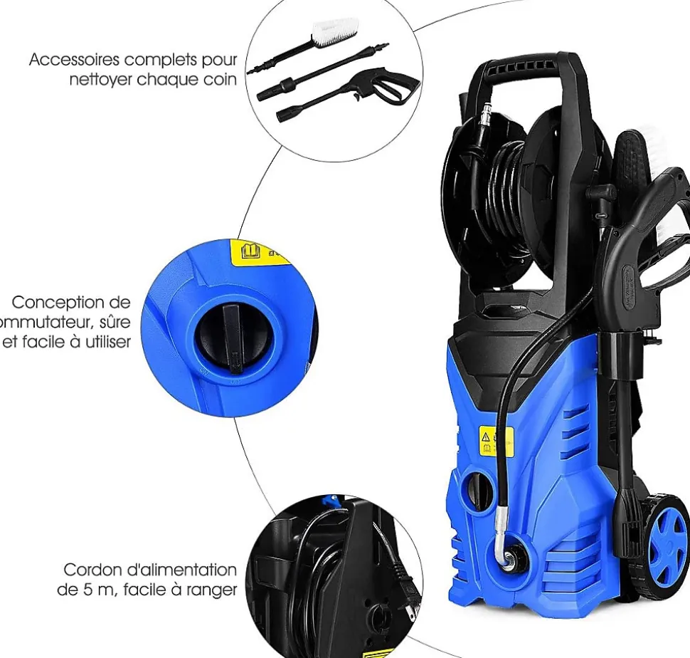 Nettoyeur Haute Pression 1400W, 140 Bar, 300 L/H, pour Voiture, Jardin, Terrasse, Bleu
