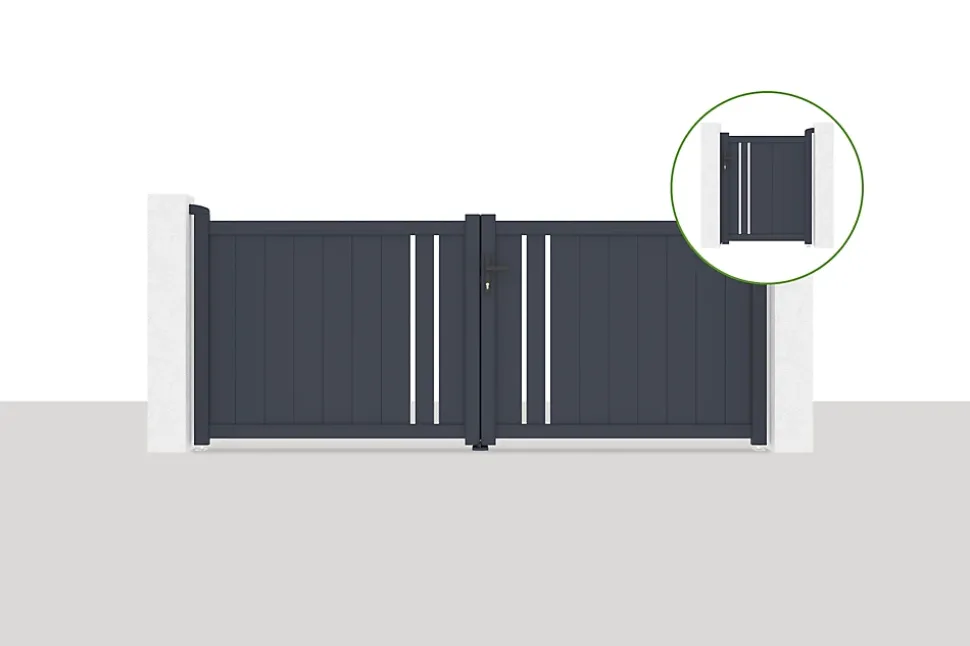 Pack portail battant 3x1,2m GIONA + Portillon GIONA H.1,2m gris