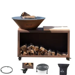 Pack Privilege Brasero Traditionnel Acier 83 Imitation Corten Double Cuve - Avec rangement bois