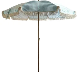 Parasol centré droit rond ouverture manuelle toile rayée bleu et blanc Oviala Gaya