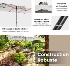 Parasol de Jardin Double XXL avec 10 Baleines pour Terrasse Marché Fête Plage Beige