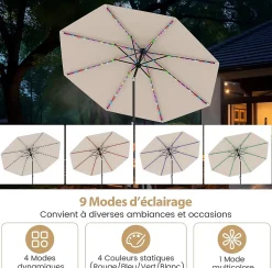 Parasol de Jardin Extérieur avec LED Coloré, 3M Grand Parasol Balcon Inclinable avec Manivelle, 8 Baleines Solides (Beige)