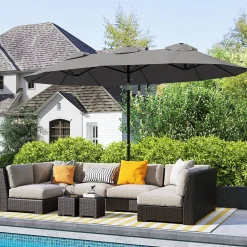 Parasol de jardin inclinable grande taille ouverture fermeture manivelle acier polyester haute densité gris