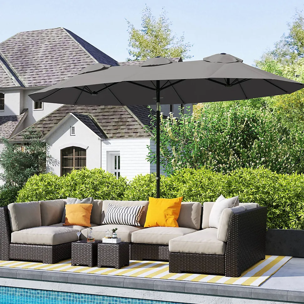 Parasol de jardin inclinable grande taille ouverture fermeture manivelle acier polyester haute densité gris