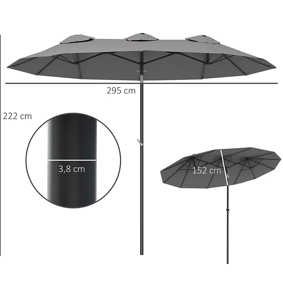Parasol de jardin inclinable grande taille ouverture fermeture manivelle acier polyester haute densité gris