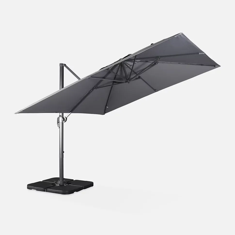 Parasol déporté carré 3x3m haut de gamme - Falgos - gris - Parasol excentré inclinable. rabattable et rotatif à 360.