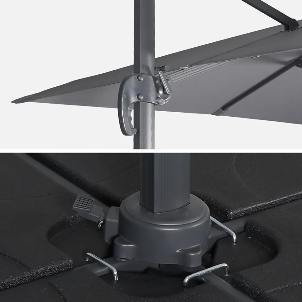 Parasol déporté carré 3x3m haut de gamme - Falgos - gris - Parasol excentré inclinable. rabattable et rotatif à 360.