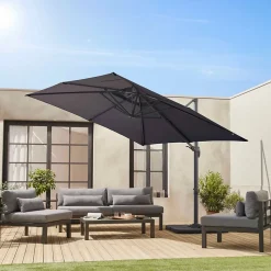 Parasol déporté carré 3x3m haut de gamme - Falgos - gris - Parasol excentré inclinable. rabattable et rotatif à 360.