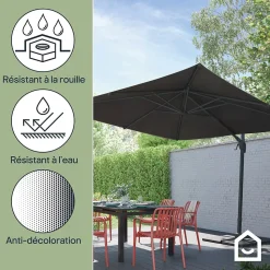 Parasol déporté inclinable carré ouverture manivelle anthracite 3 x 3m GoodHome Corby
