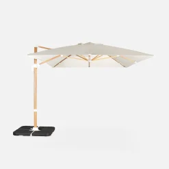 Parasol déporté rectangulaire écru 3x4m. mât effet bois + Dalles à lester 50x50cm