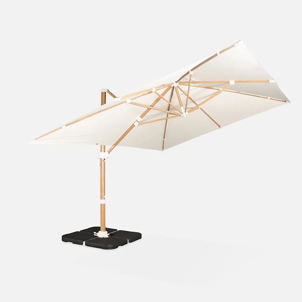 Parasol déporté rectangulaire écru 3x4m. mât effet bois + Dalles à lester 50x50cm