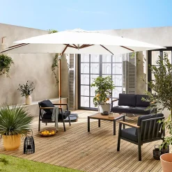 Parasol déporté rectangulaire écru 3x4m. mât effet bois + Dalles à lester 50x50cm