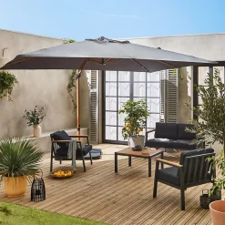 Parasol déporté rectangulaire gris 3x4m. mât effet bois + Dalles à lester 50x50cm