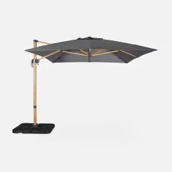 Parasol déporté rectangulaire gris 3x4m. mât effet bois + Dalles à lester 50x50cm