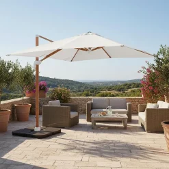 Parasol déporté 3x3m et 4 dalles à remplir effet bois blanc Oviala