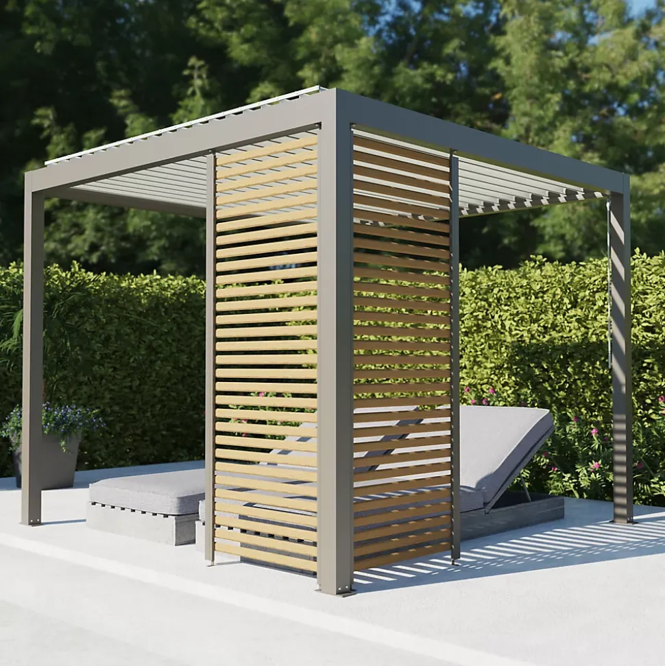 Paroi ajourée 0,96 m gris taupe RAL 7039 et aspect bois pour pergola Salto Alumin'home