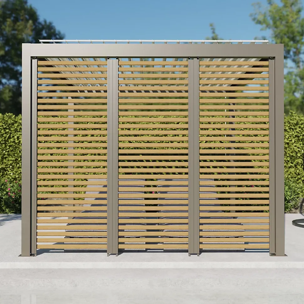 Paroi ajourée 0,96 m gris taupe RAL 7039 et aspect bois pour pergola Salto Alumin'home