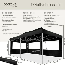 Pavillon de jardin 6 x 3 m avec cadre en aluminium étanche noir