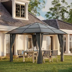 Pavillon de jardin barnum rigide dim. 3,05L x 3,05l x 2,7H m 4 rideaux zippés alu. acier polycarbonate noir polyester gris