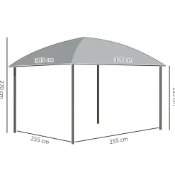 Pavillon de jardin barnum rigide dim. 3,05L x 3,05l x 2,7H m 4 rideaux zippés alu. acier polycarbonate noir polyester gris