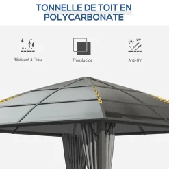 Pavillon de jardin barnum rigide dim. 3,05L x 3,05l x 2,7H m 4 rideaux zippés alu. acier polycarbonate noir polyester gris