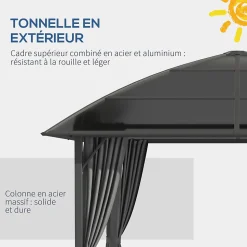 Pavillon de jardin barnum rigide dim. 3,05L x 3,05l x 2,7H m 4 rideaux zippés alu. acier polycarbonate noir polyester gris