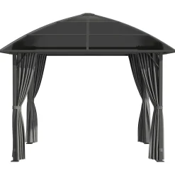 Pavillon de jardin barnum rigide dim. 3,05L x 3,05l x 2,7H m 4 rideaux zippés alu. acier polycarbonate noir polyester gris