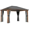 Pavillon de jardin structure alu aspect bois toit rigide métal galvanisé rideaux moustiquaires