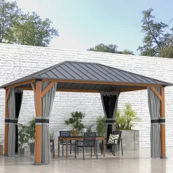 Pavillon de jardin structure alu aspect bois toit rigide métal galvanisé rideaux moustiquaires