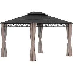 Pavillon de jardin tonnelle rigide dim. 3,6L x 3l x 2,78H m rideaux latéraux anti-UV structure gris toit polycarbonate noir