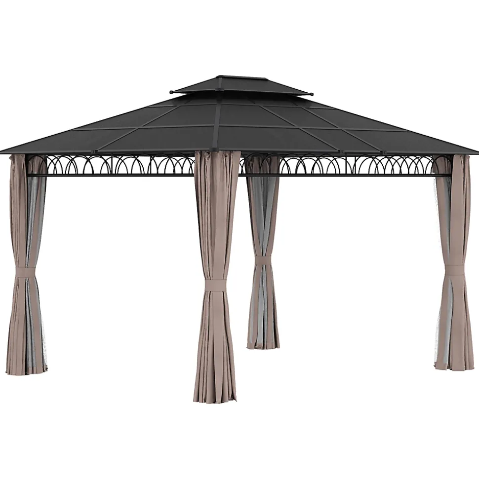Pavillon de jardin tonnelle rigide dim. 3,6L x 3l x 2,78H m rideaux latéraux anti-UV structure gris toit polycarbonate noir