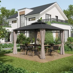 Pavillon de jardin tonnelle rigide dim. 3,6L x 3l x 2,78H m rideaux latéraux anti-UV structure gris toit polycarbonate noir