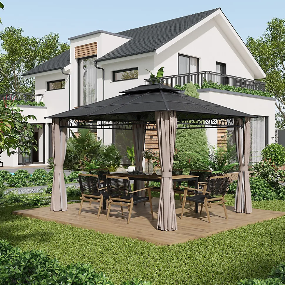 Pavillon de jardin tonnelle rigide dim. 3,6L x 3l x 2,78H m rideaux latéraux anti-UV structure gris toit polycarbonate noir