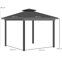 Pavillon de jardin tonnelle rigide dim. 3,6L x 3l x 2,78H m rideaux latéraux anti-UV structure gris toit polycarbonate noir