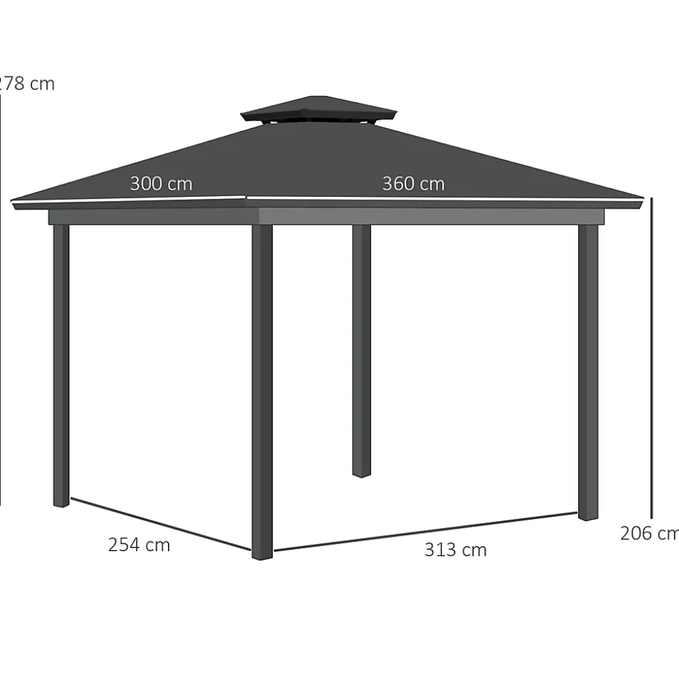 Pavillon de jardin tonnelle rigide dim. 3,6L x 3l x 2,78H m rideaux latéraux anti-UV structure gris toit polycarbonate noir